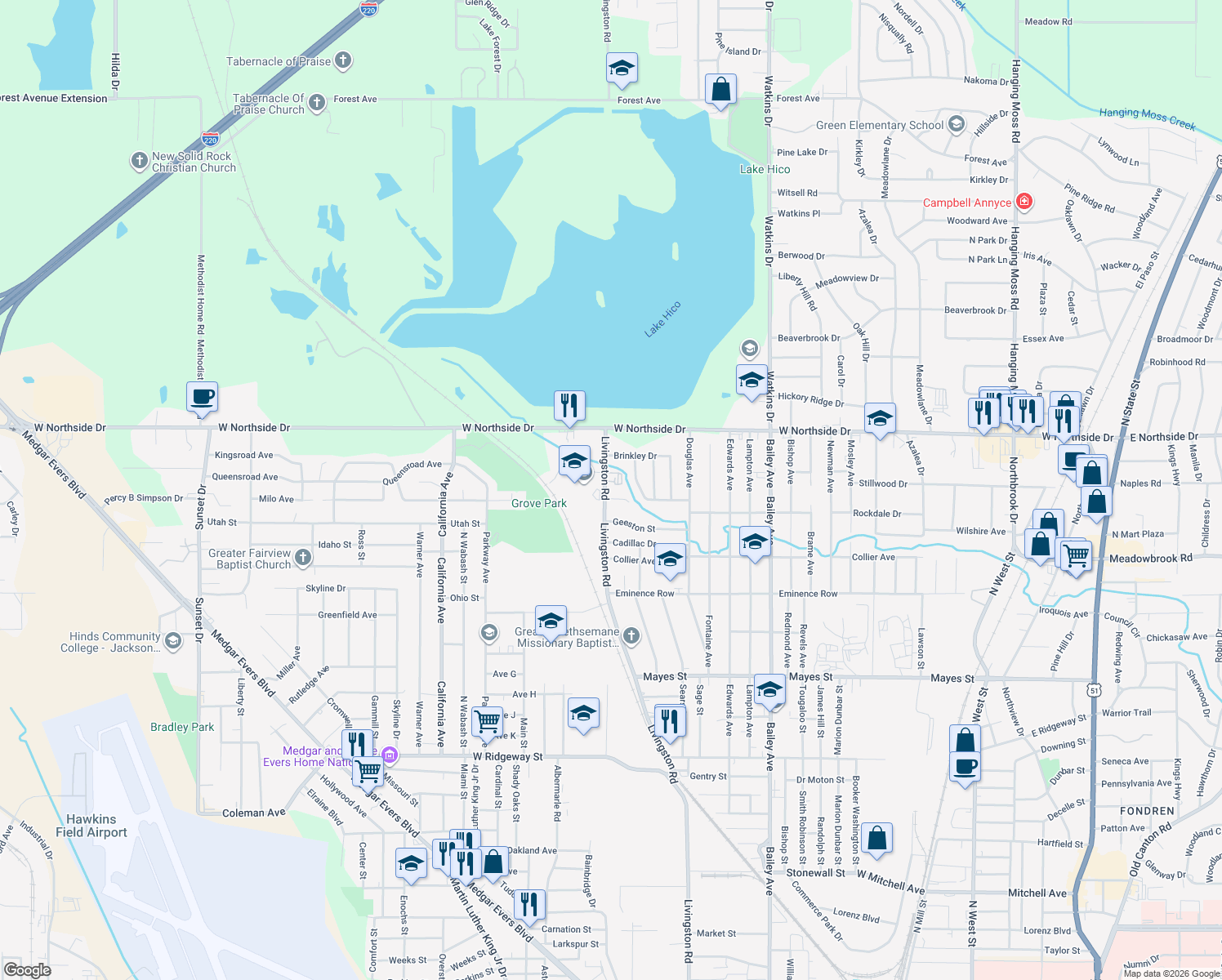 map of restaurants, bars, coffee shops, grocery stores, and more near 3730 Livingston Road in Jackson