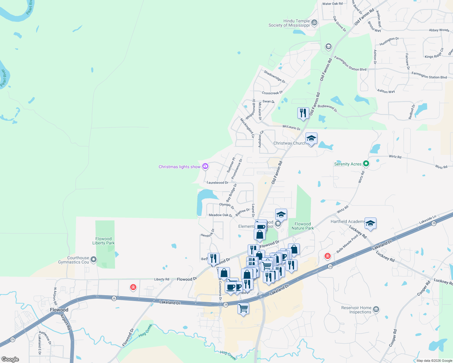 map of restaurants, bars, coffee shops, grocery stores, and more near 510 Laurelwood Dr in Flowood