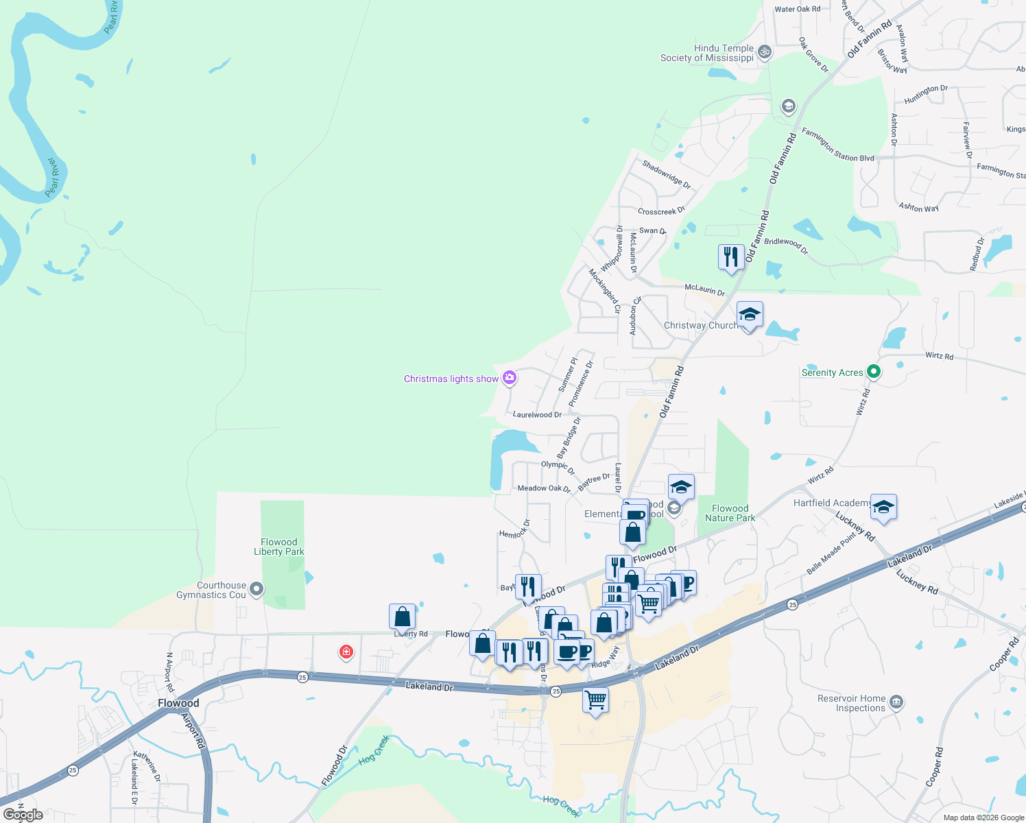 map of restaurants, bars, coffee shops, grocery stores, and more near 412 Westport Way in Flowood