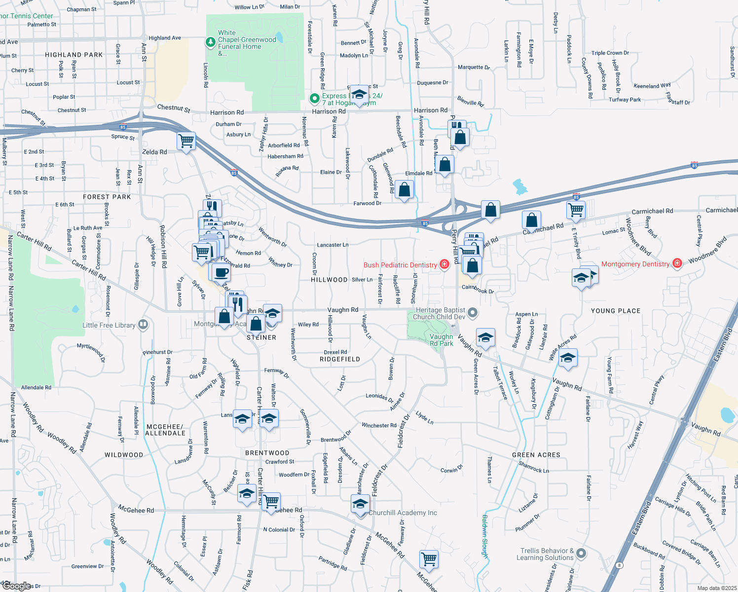 map of restaurants, bars, coffee shops, grocery stores, and more near 1821 Vaughn Lane in Montgomery