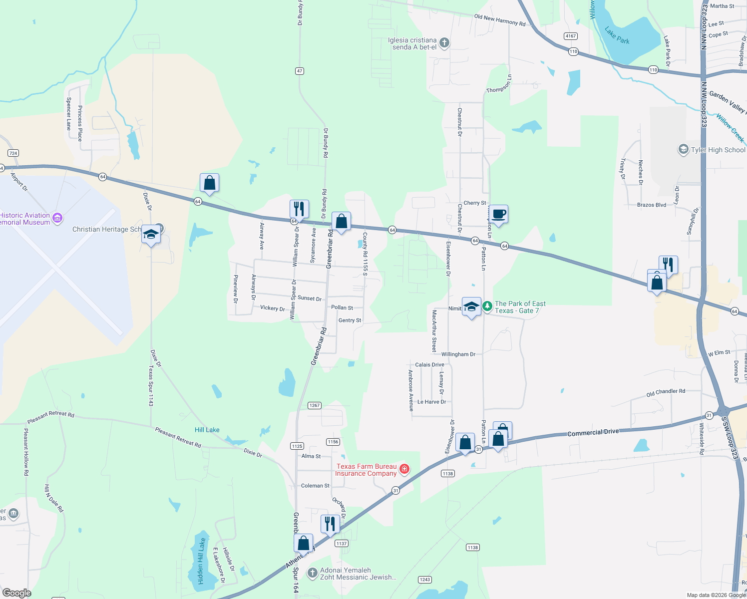 map of restaurants, bars, coffee shops, grocery stores, and more near 2621 Cotten Road in Tyler