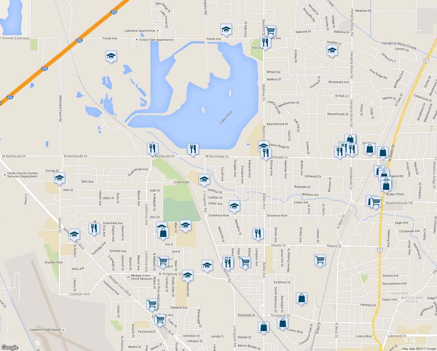 map of restaurants, bars, coffee shops, grocery stores, and more near 1430 Rockdale Drive in Jackson