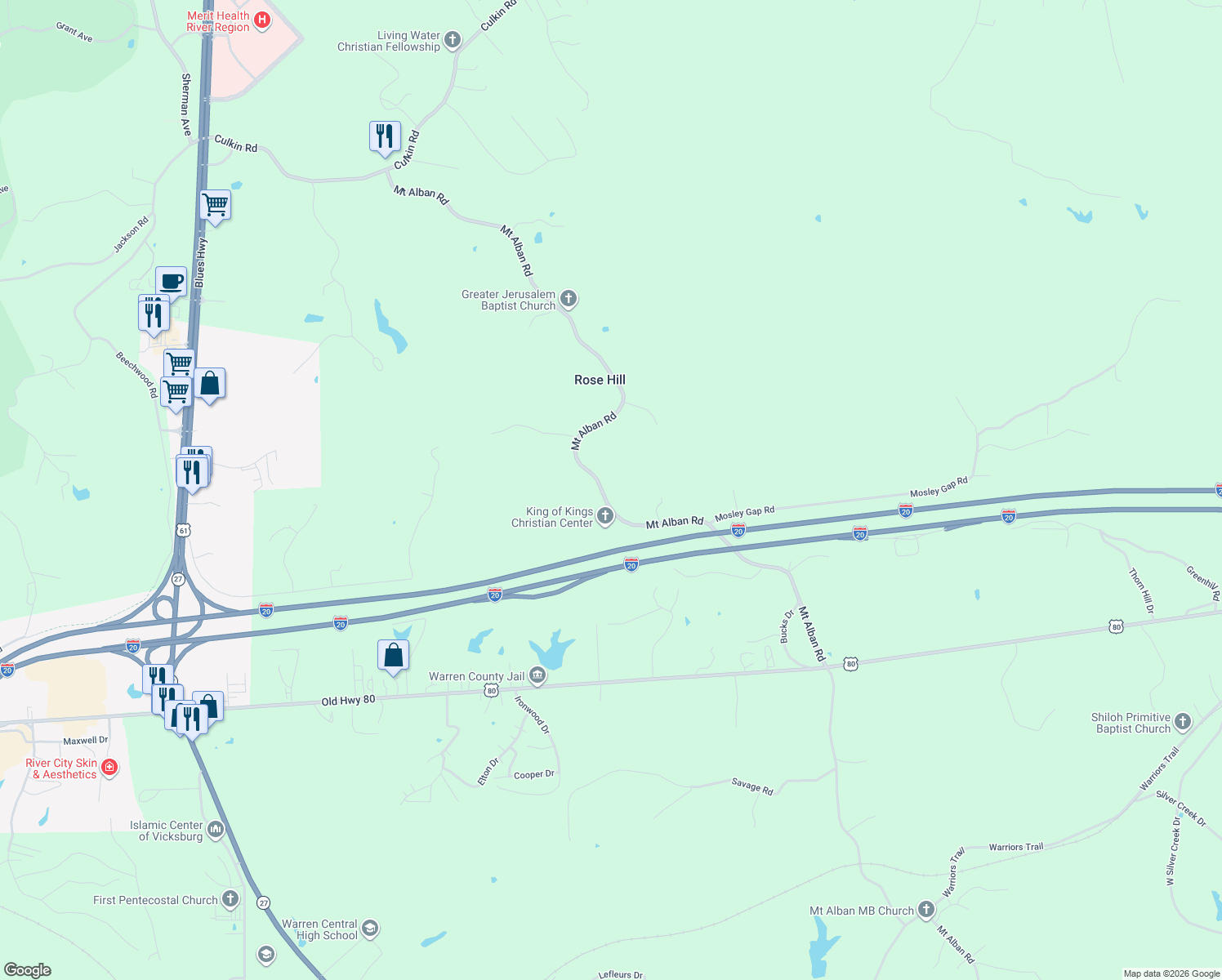 map of restaurants, bars, coffee shops, grocery stores, and more near 4310 Mount Alban Road in Vicksburg
