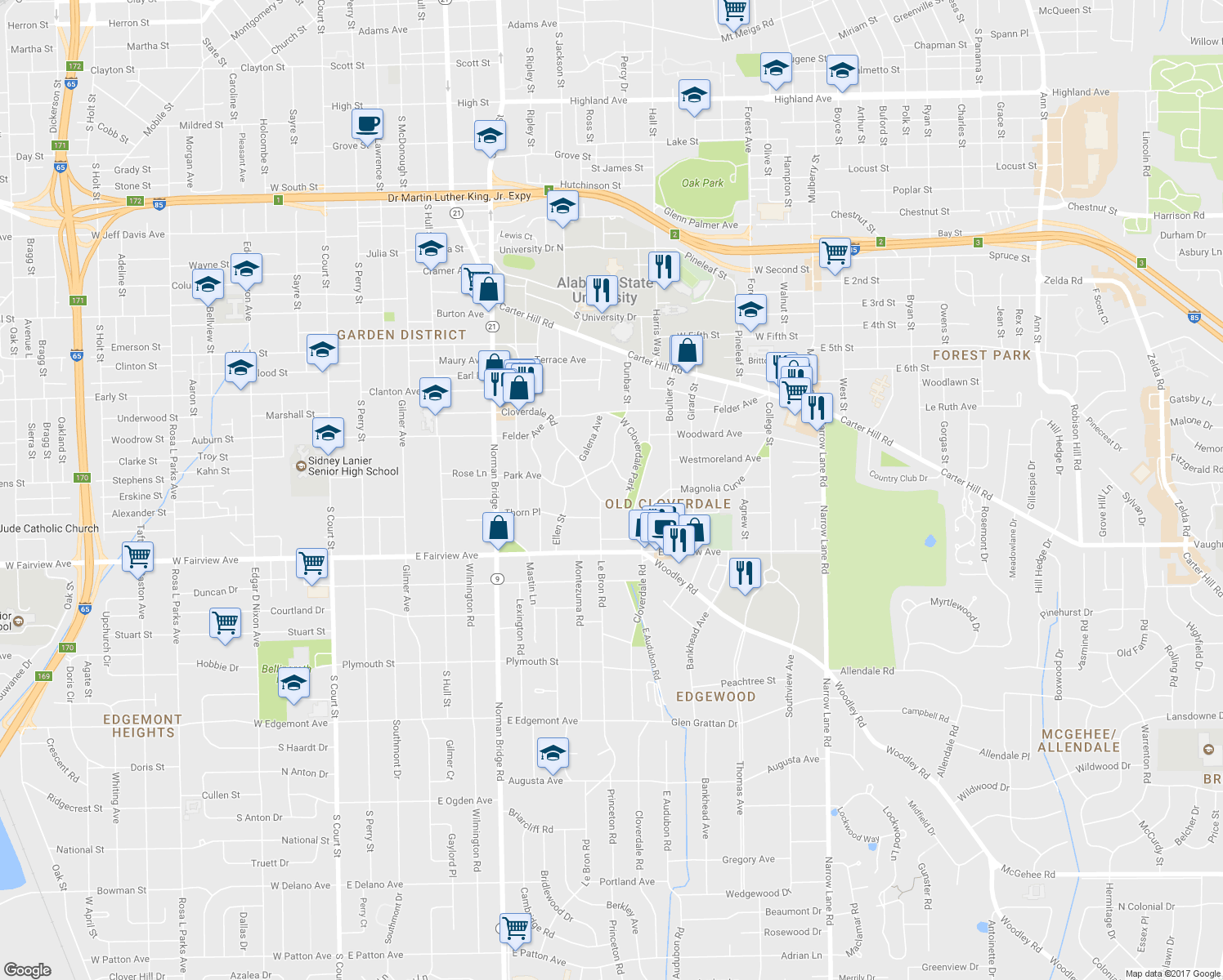map of restaurants, bars, coffee shops, grocery stores, and more near 805 Cloverdale Road in Montgomery