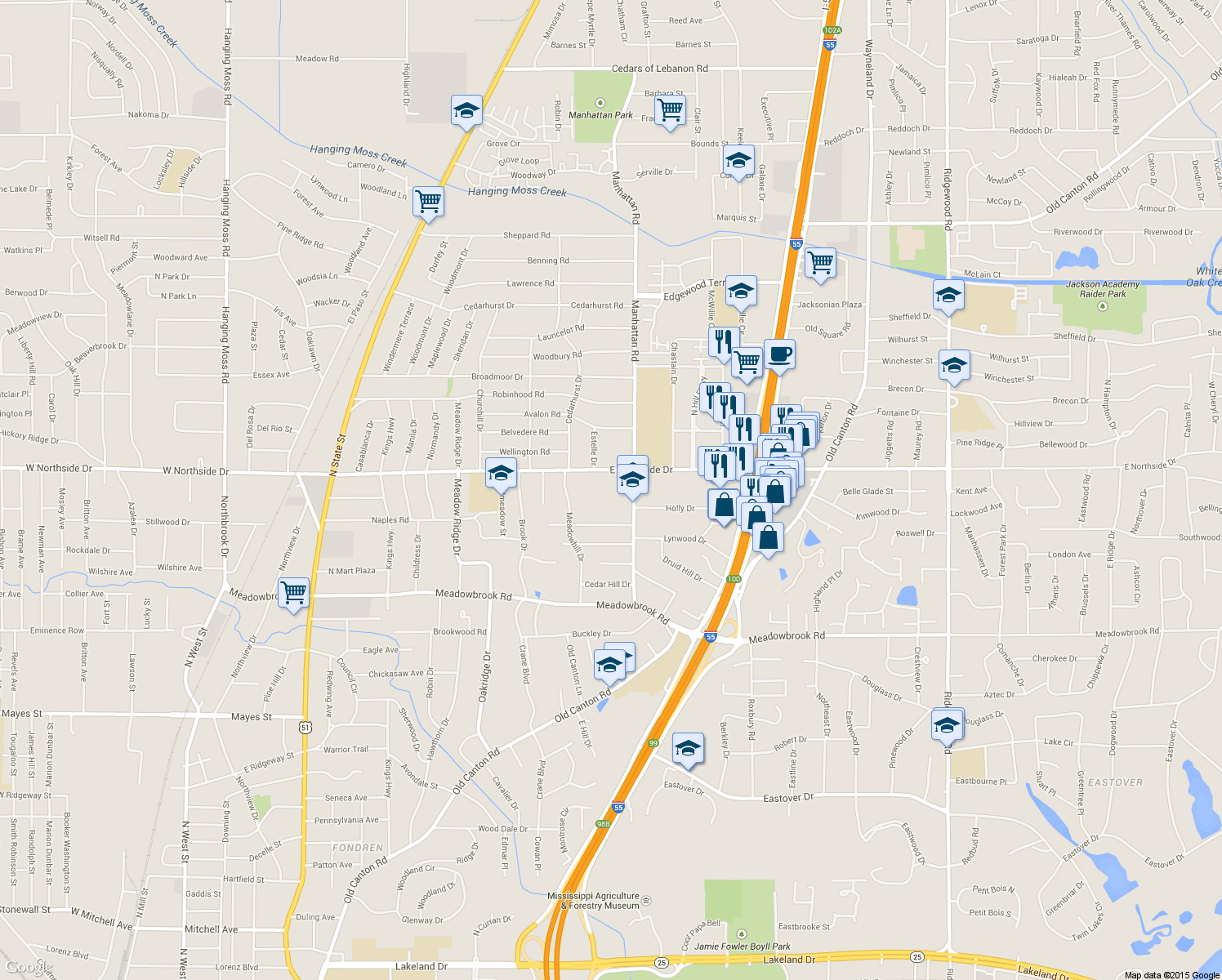map of restaurants, bars, coffee shops, grocery stores, and more near 787 East Northside Drive in Jackson