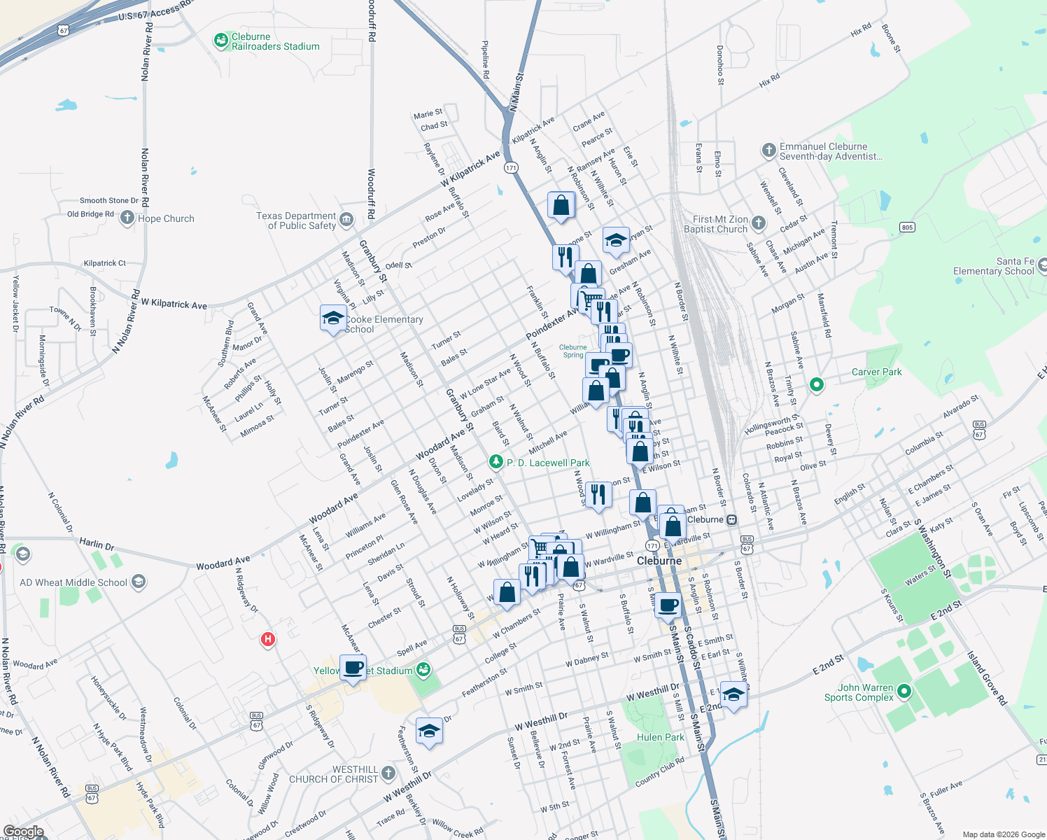 map of restaurants, bars, coffee shops, grocery stores, and more near 910 N Walnut St in Cleburne