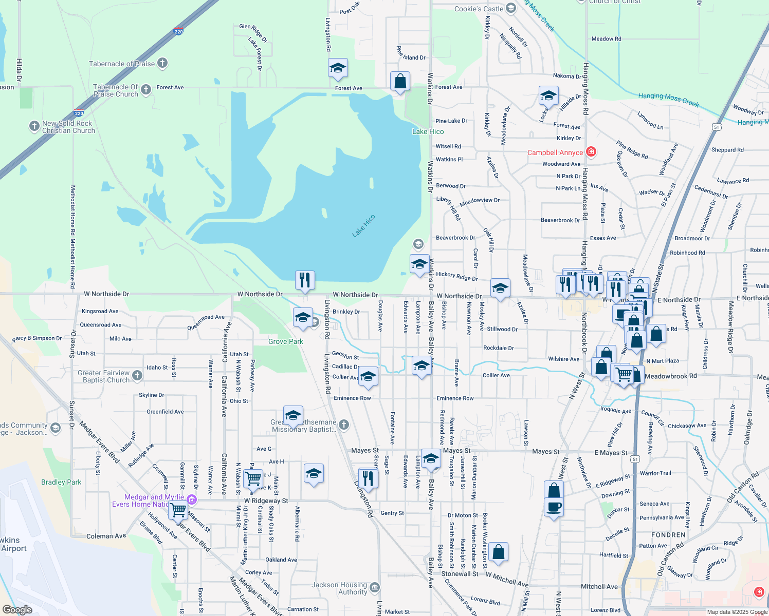 map of restaurants, bars, coffee shops, grocery stores, and more near 3832 Douglas Ave in Jackson