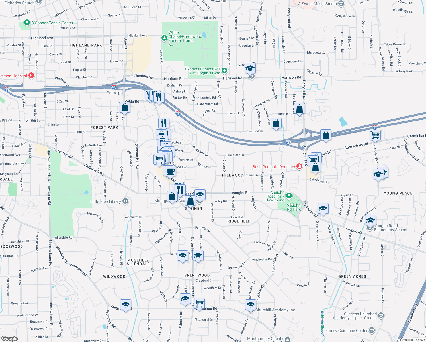 map of restaurants, bars, coffee shops, grocery stores, and more near 1754 Wentworth Drive in Montgomery