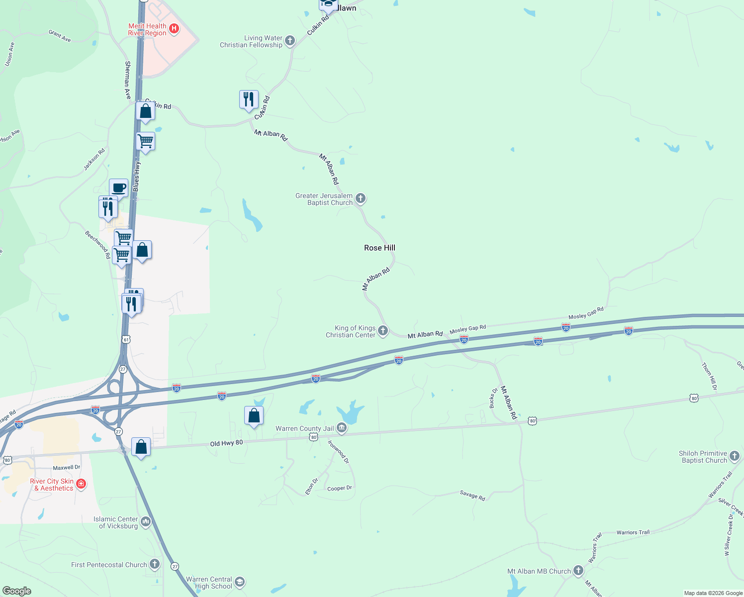 map of restaurants, bars, coffee shops, grocery stores, and more near 4310 Mount Alban Road in Vicksburg