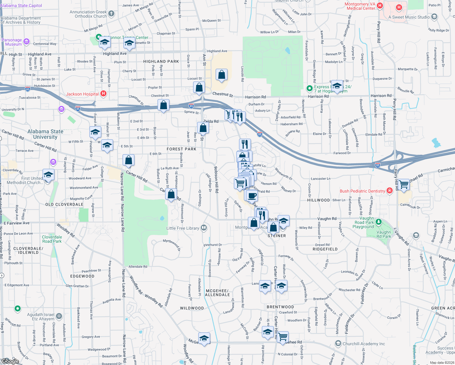 map of restaurants, bars, coffee shops, grocery stores, and more near 1902 Pinecrest Drive in Montgomery