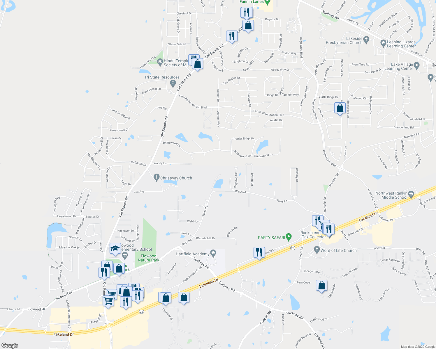 map of restaurants, bars, coffee shops, grocery stores, and more near 6145 Wirtz Road in Flowood