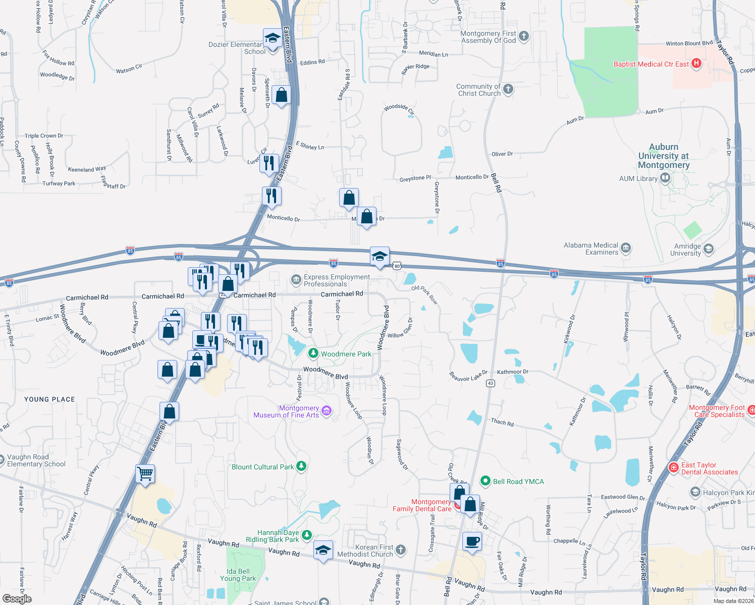 map of restaurants, bars, coffee shops, grocery stores, and more near 6255 Woodmere Boulevard in Montgomery