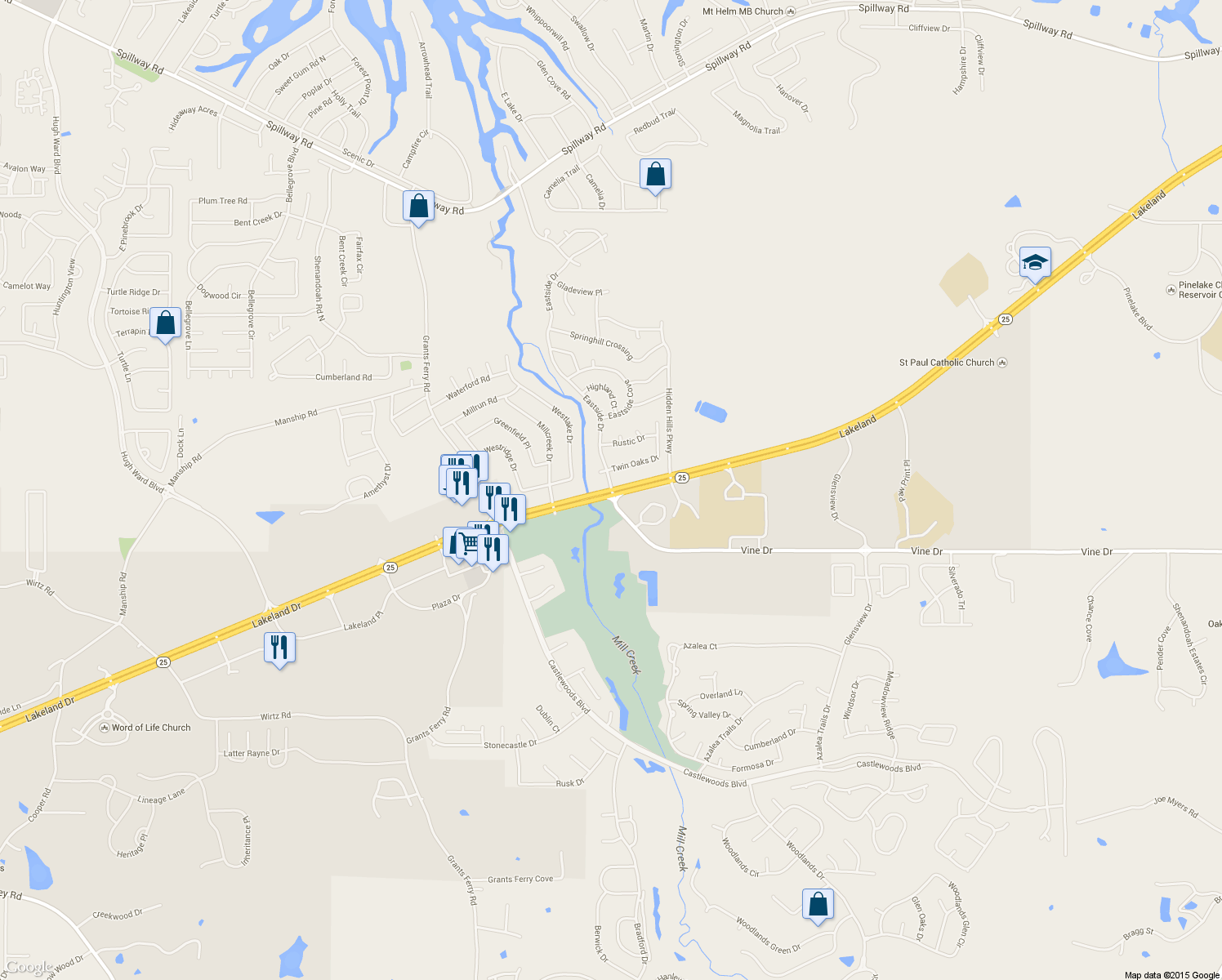 map of restaurants, bars, coffee shops, grocery stores, and more near 135 Eastside Drive in Brandon