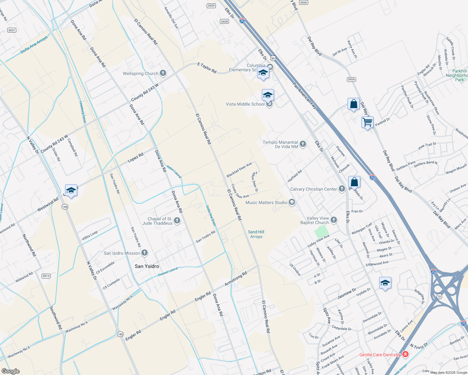 map of restaurants, bars, coffee shops, grocery stores, and more near Coues Deer Aveunue in Las Cruces