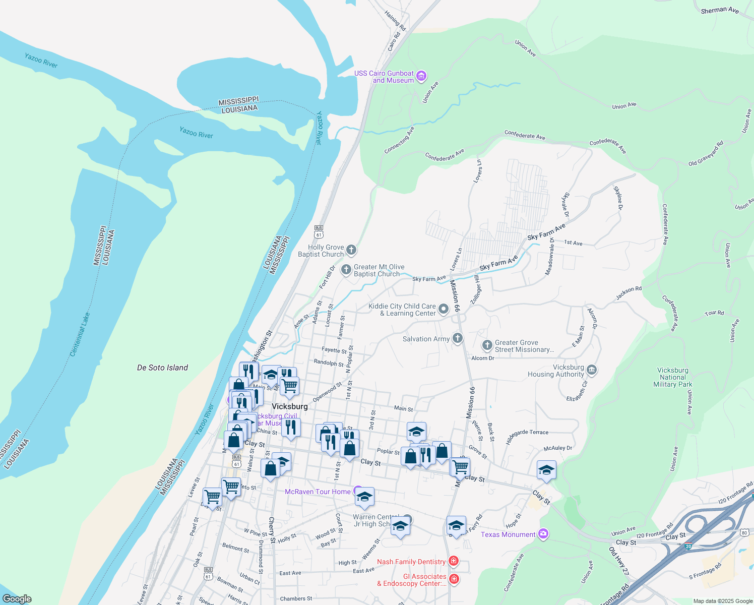 map of restaurants, bars, coffee shops, grocery stores, and more near 1510 Maulding Drive in Vicksburg