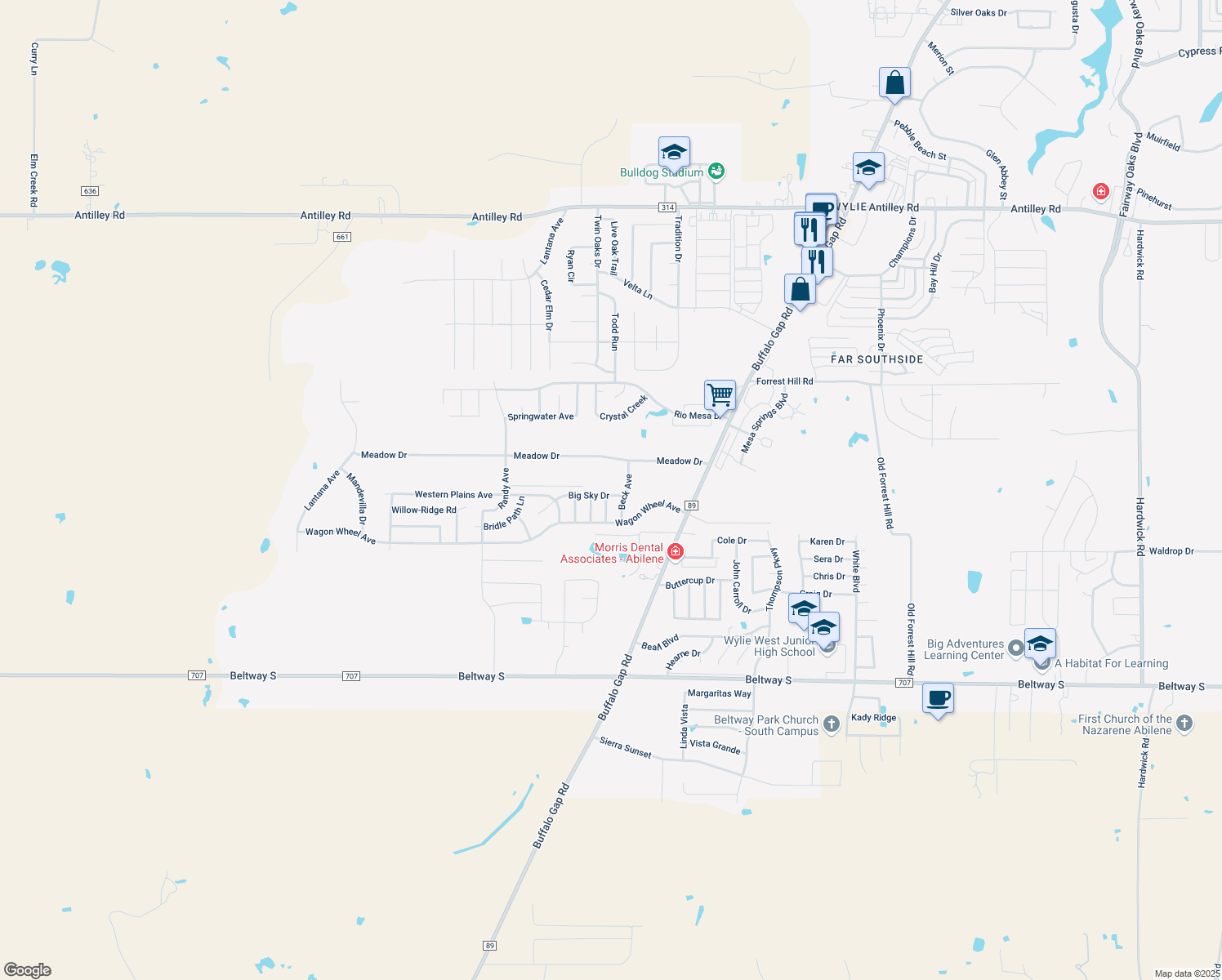 map of restaurants, bars, coffee shops, grocery stores, and more near 5018 Big Sky Drive in Abilene