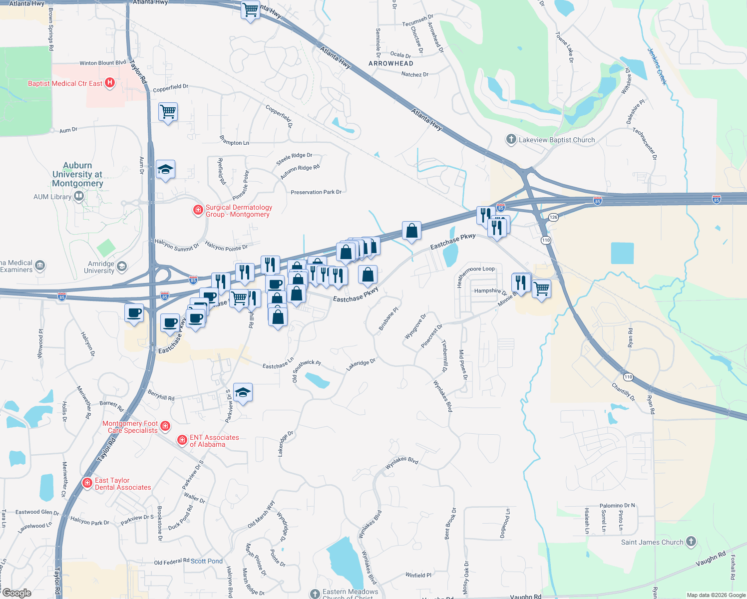 map of restaurants, bars, coffee shops, grocery stores, and more near 7346 Brisbane Place in Montgomery