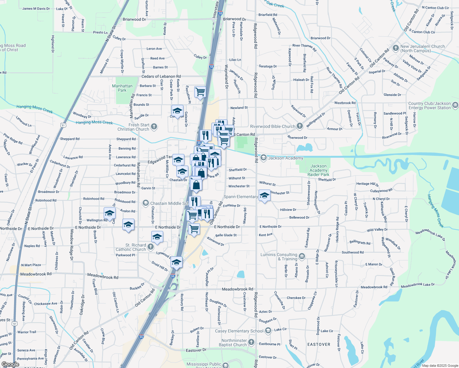 map of restaurants, bars, coffee shops, grocery stores, and more near 1410 Winchester St in Jackson