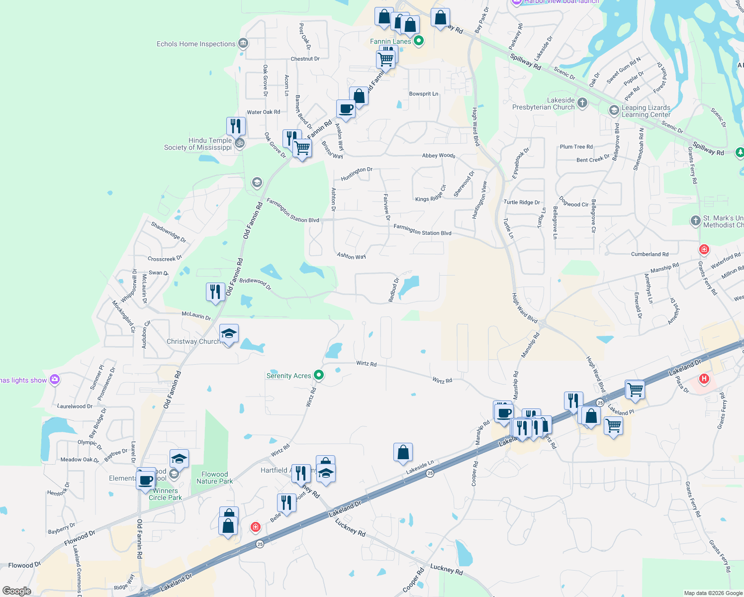 map of restaurants, bars, coffee shops, grocery stores, and more near 143 Bridlewood Drive in Brandon