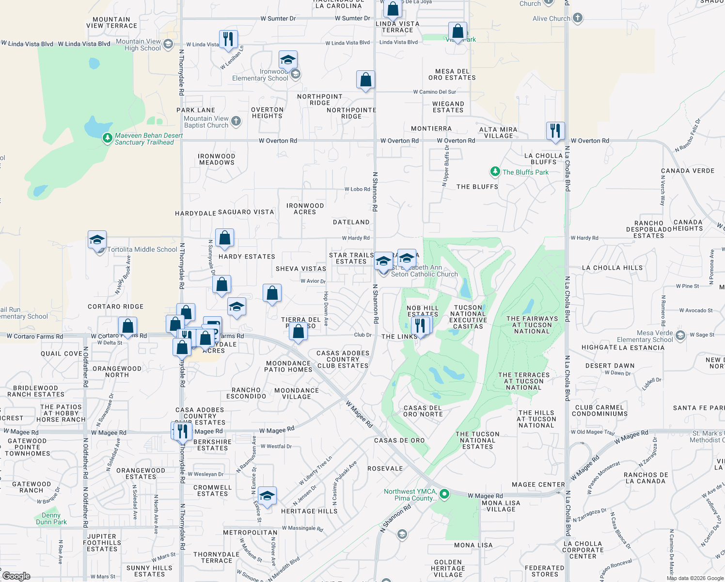 map of restaurants, bars, coffee shops, grocery stores, and more near 3002 West Country Ranch Drive in Tucson