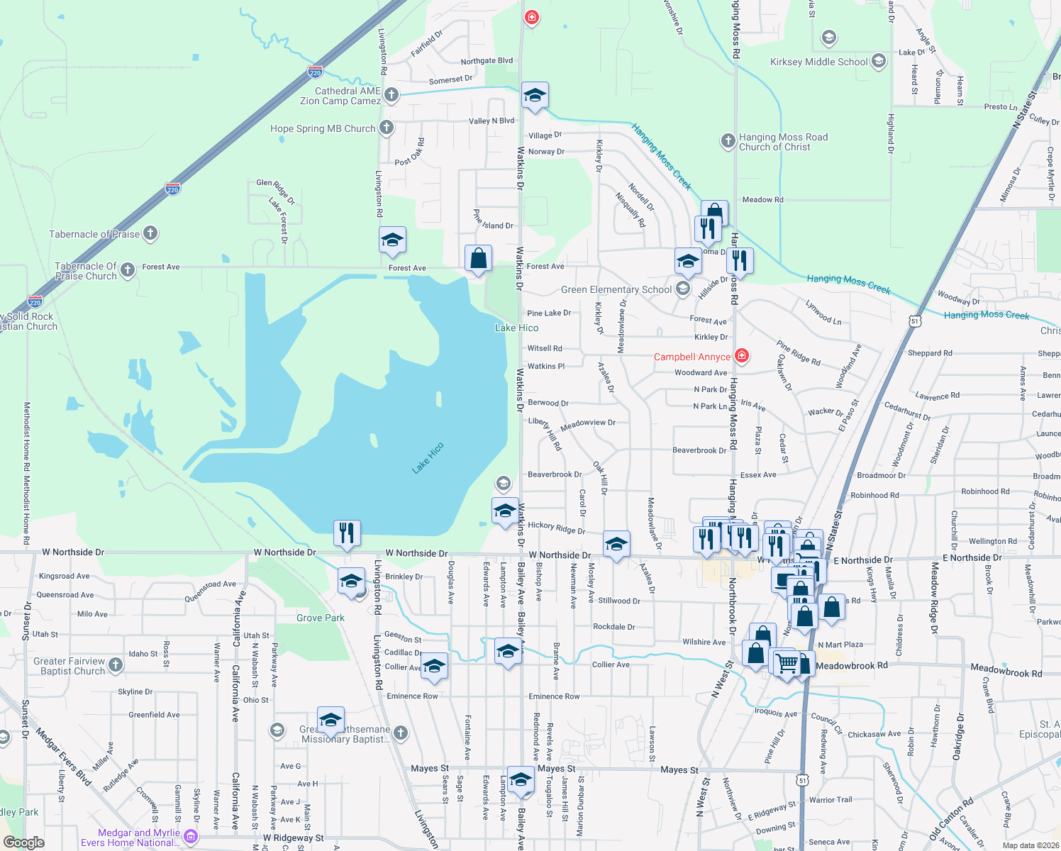 map of restaurants, bars, coffee shops, grocery stores, and more near 4431 Liberty Hill Rd in Jackson