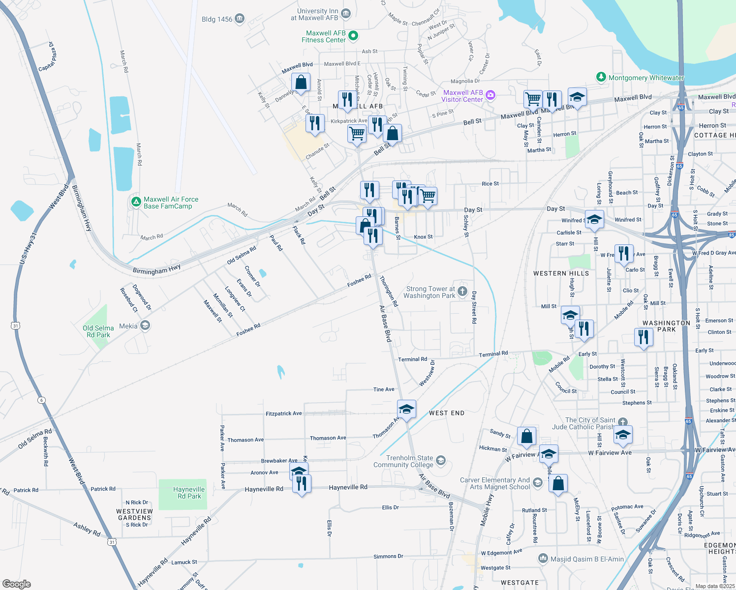 map of restaurants, bars, coffee shops, grocery stores, and more near 520 Air Base Boulevard in Montgomery
