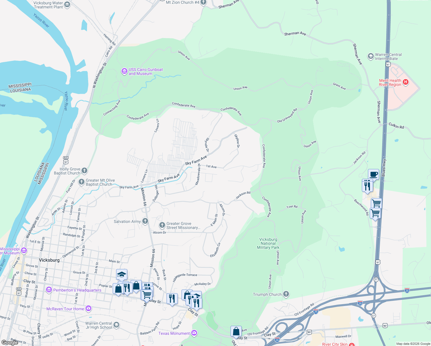 map of restaurants, bars, coffee shops, grocery stores, and more near 214 1st Ave in Vicksburg