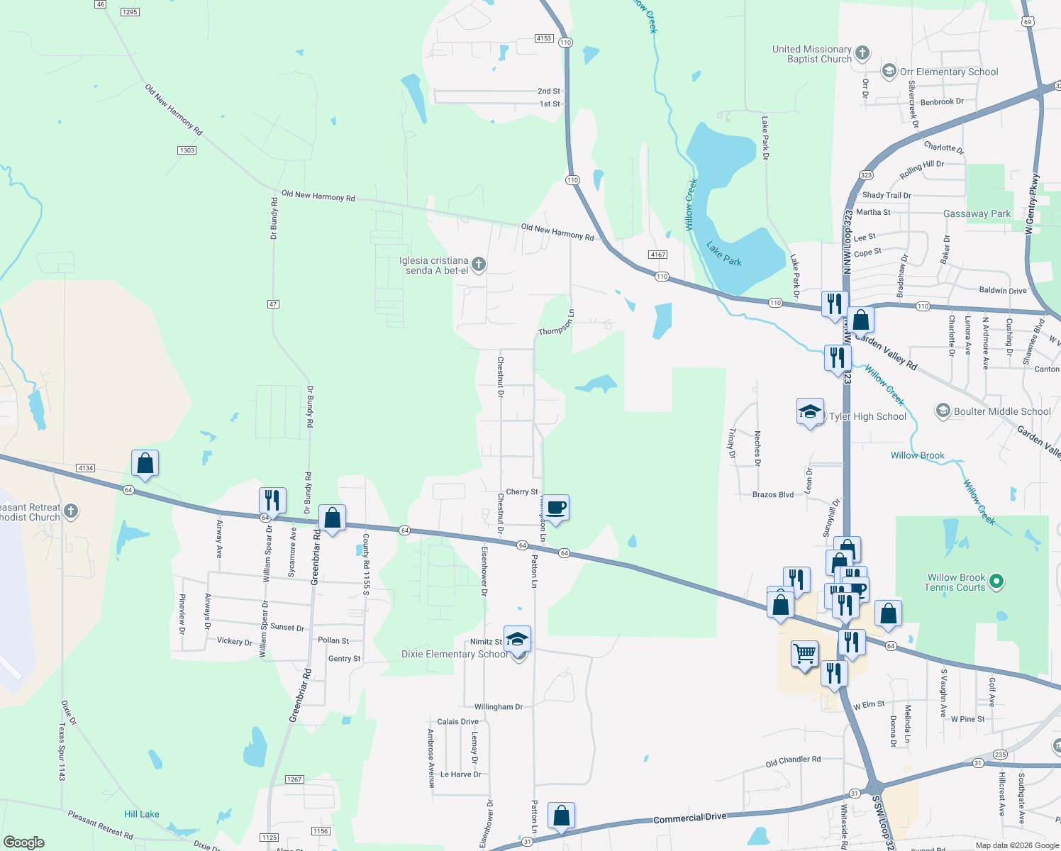 map of restaurants, bars, coffee shops, grocery stores, and more near 11833 Garland St in Tyler