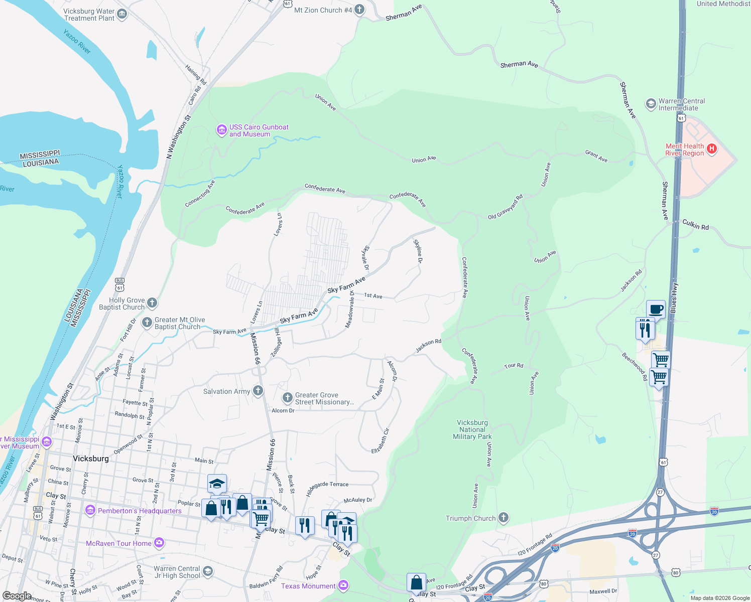 map of restaurants, bars, coffee shops, grocery stores, and more near 214 1st Ave in Vicksburg