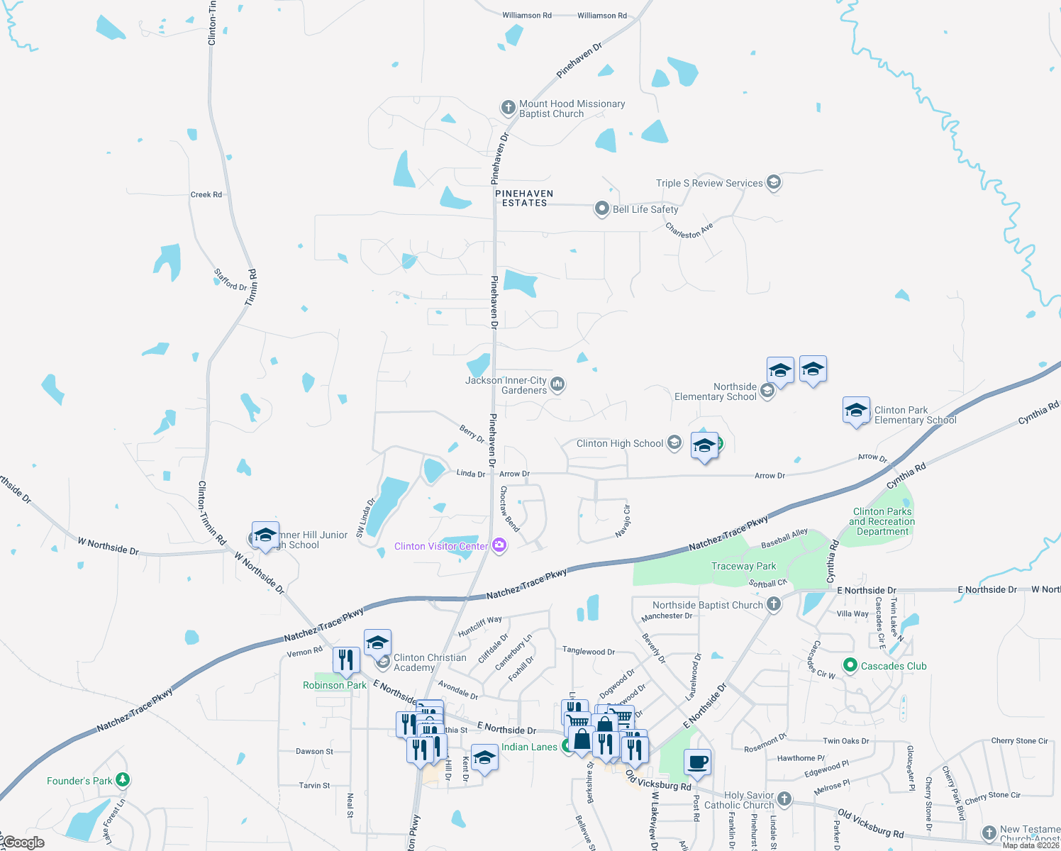 map of restaurants, bars, coffee shops, grocery stores, and more near 109 Brook Glade in Clinton