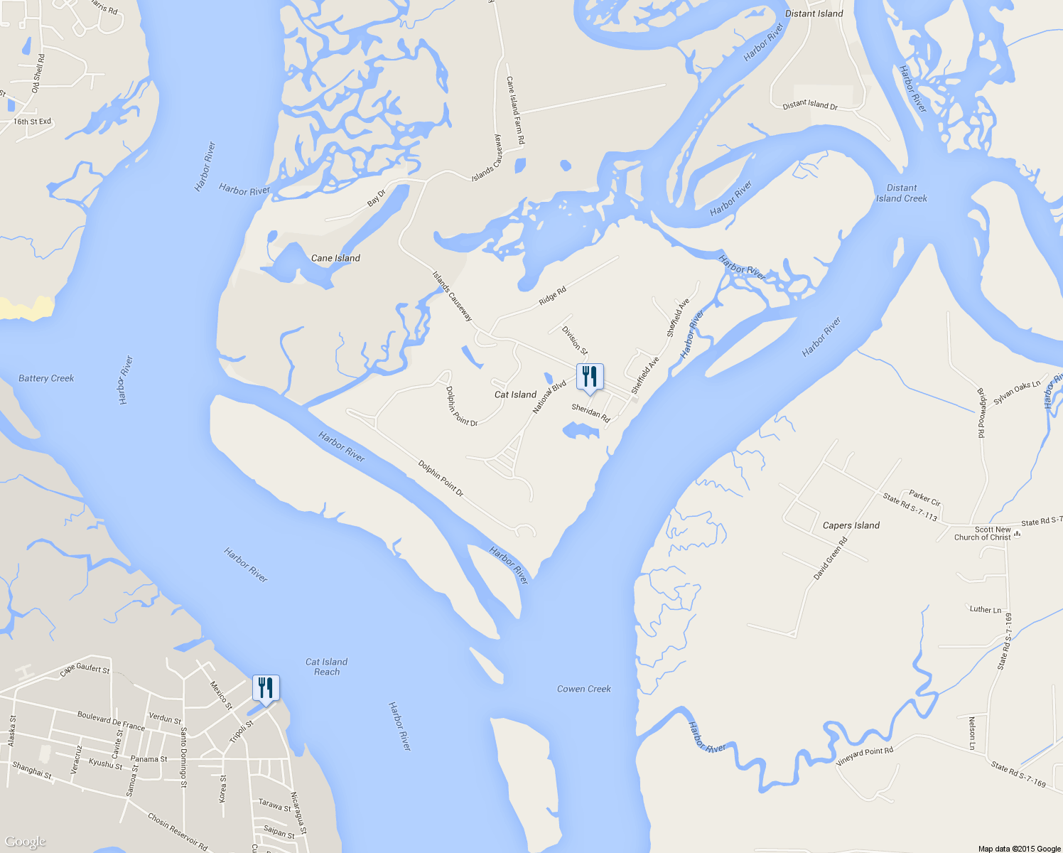 map of restaurants, bars, coffee shops, grocery stores, and more near 61 National Boulevard in Beaufort