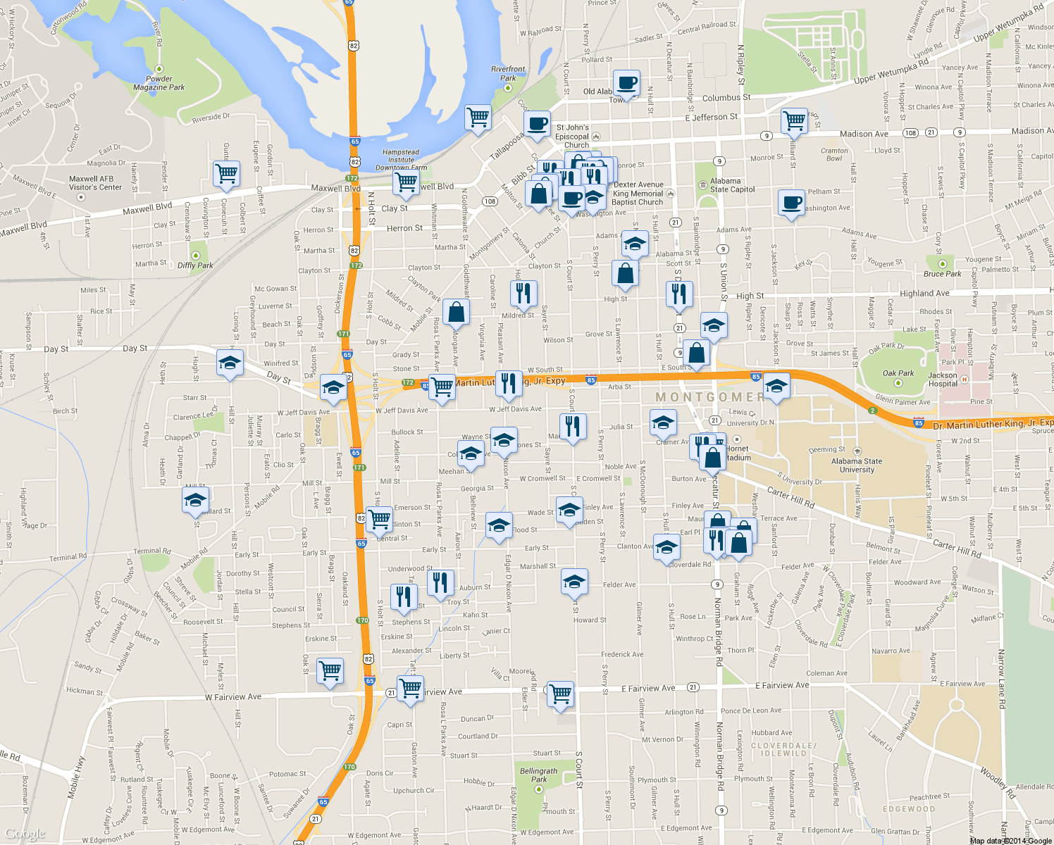 map of restaurants, bars, coffee shops, grocery stores, and more near 134 Simpson Street in Montgomery