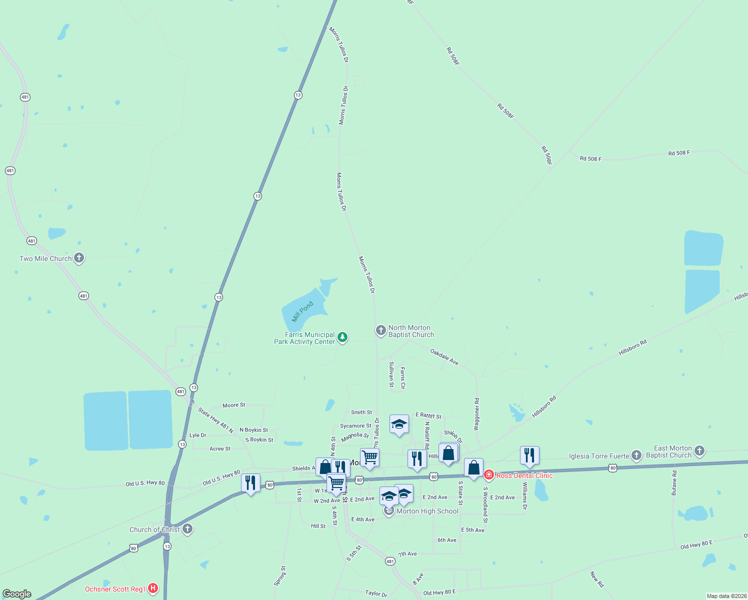 map of restaurants, bars, coffee shops, grocery stores, and more near 982 Morris Tullos Dr in Morton
