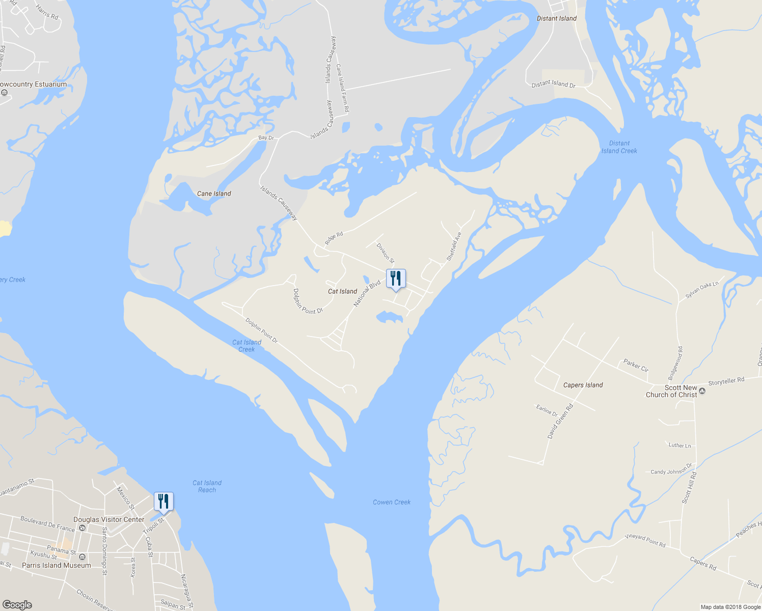 map of restaurants, bars, coffee shops, grocery stores, and more near 19 Sheridan Road in Beaufort