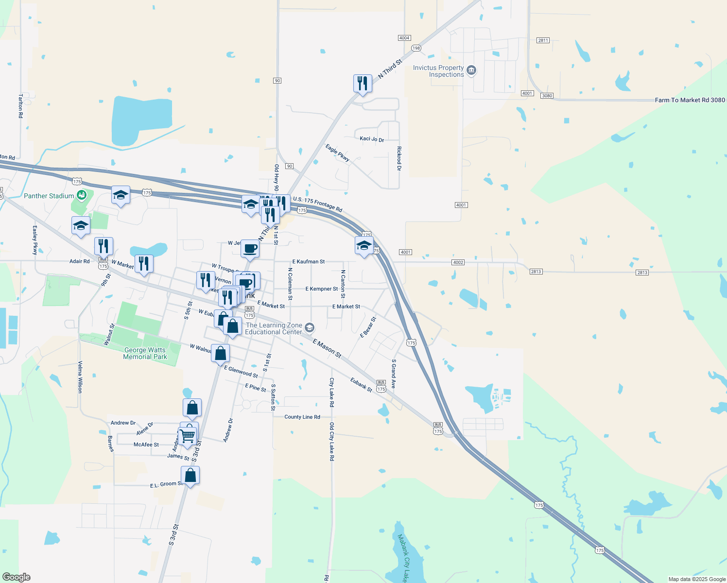map of restaurants, bars, coffee shops, grocery stores, and more near 622 East Kempner Street in Mabank