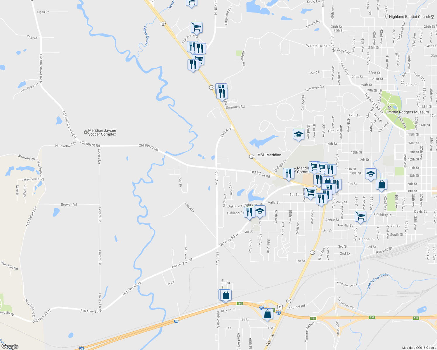 map of restaurants, bars, coffee shops, grocery stores, and more near 1004 65th Avenue in Meridian