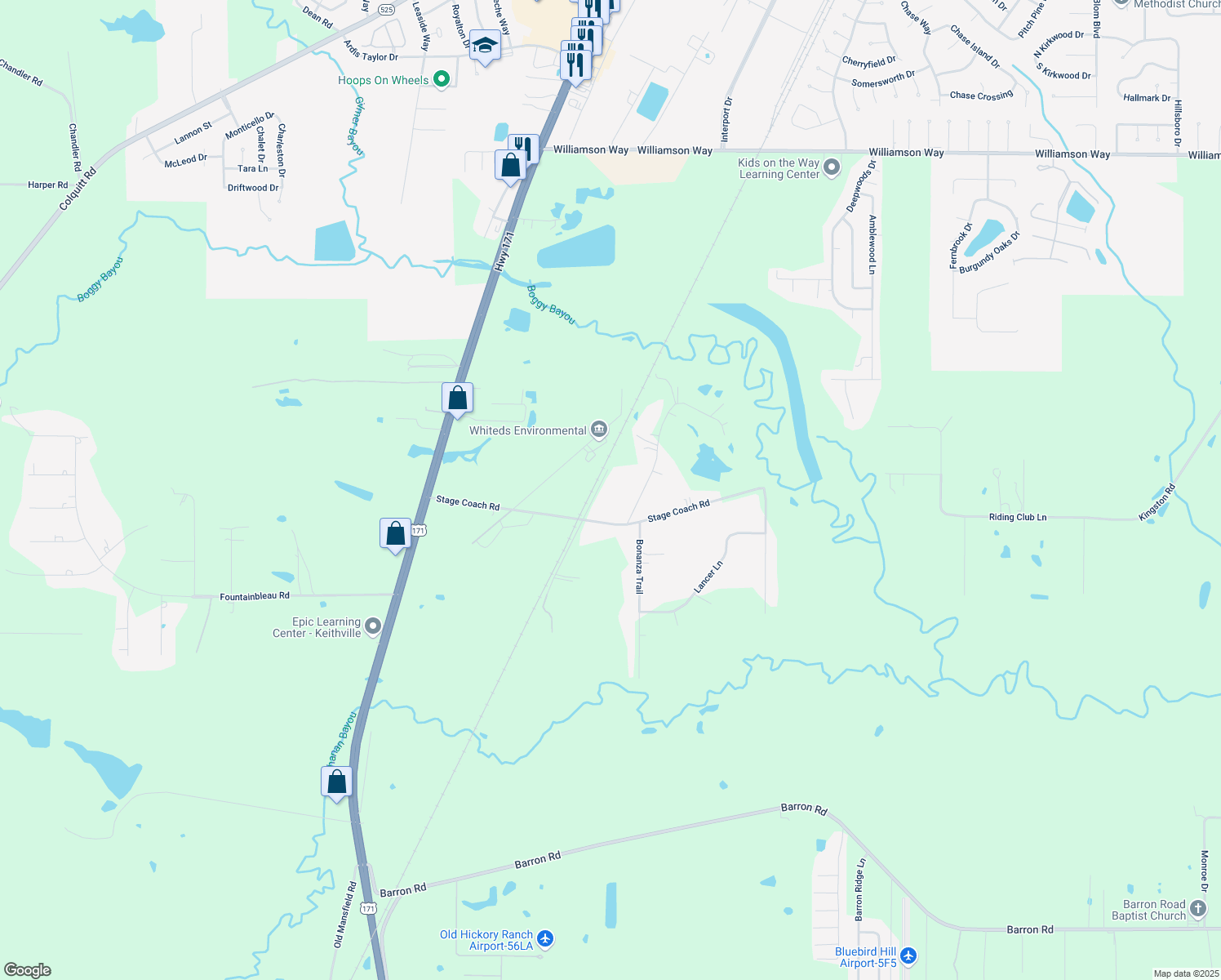 map of restaurants, bars, coffee shops, grocery stores, and more near 10087 Janell Drive in Keithville