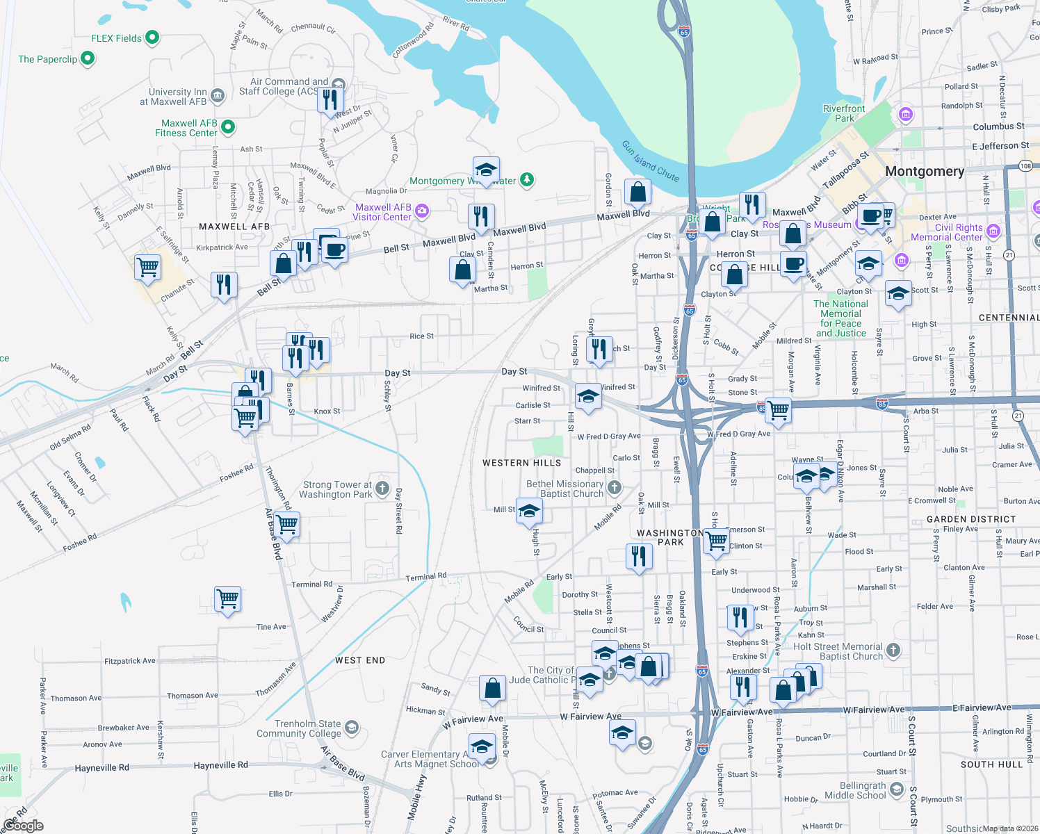 map of restaurants, bars, coffee shops, grocery stores, and more near 2352 Starr Street in Montgomery