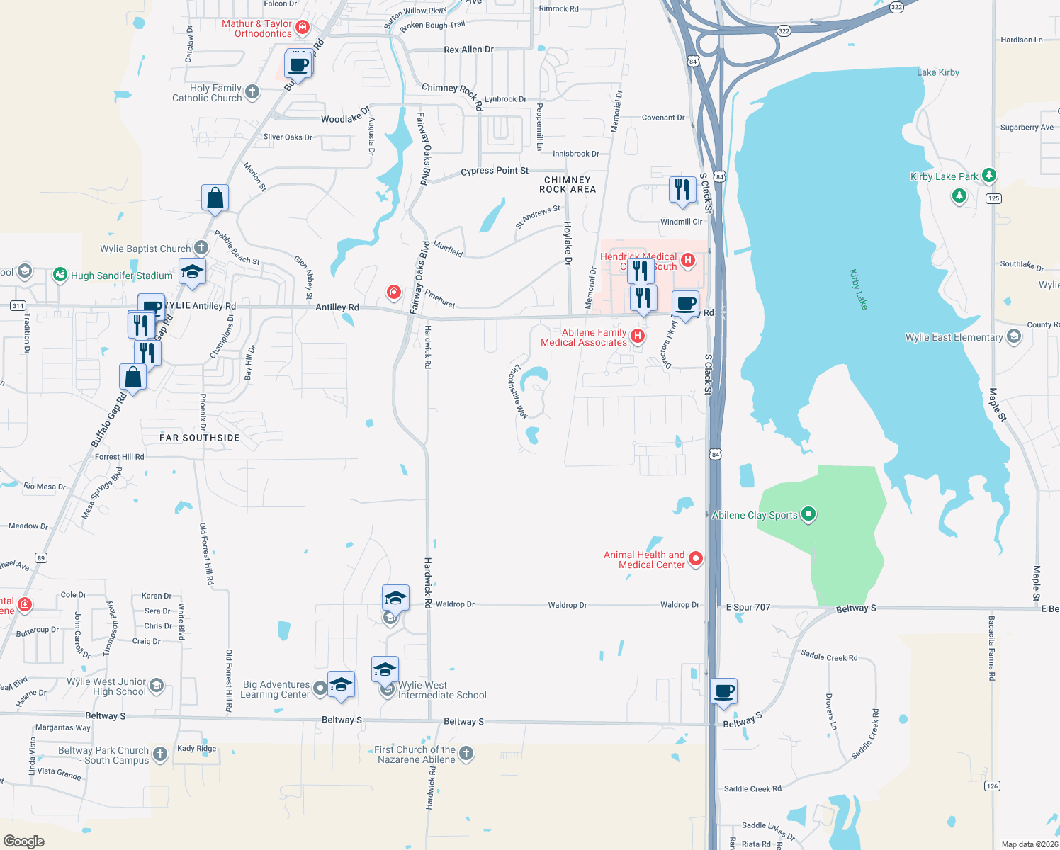 map of restaurants, bars, coffee shops, grocery stores, and more near 6541 Lincolnshire Way in Abilene
