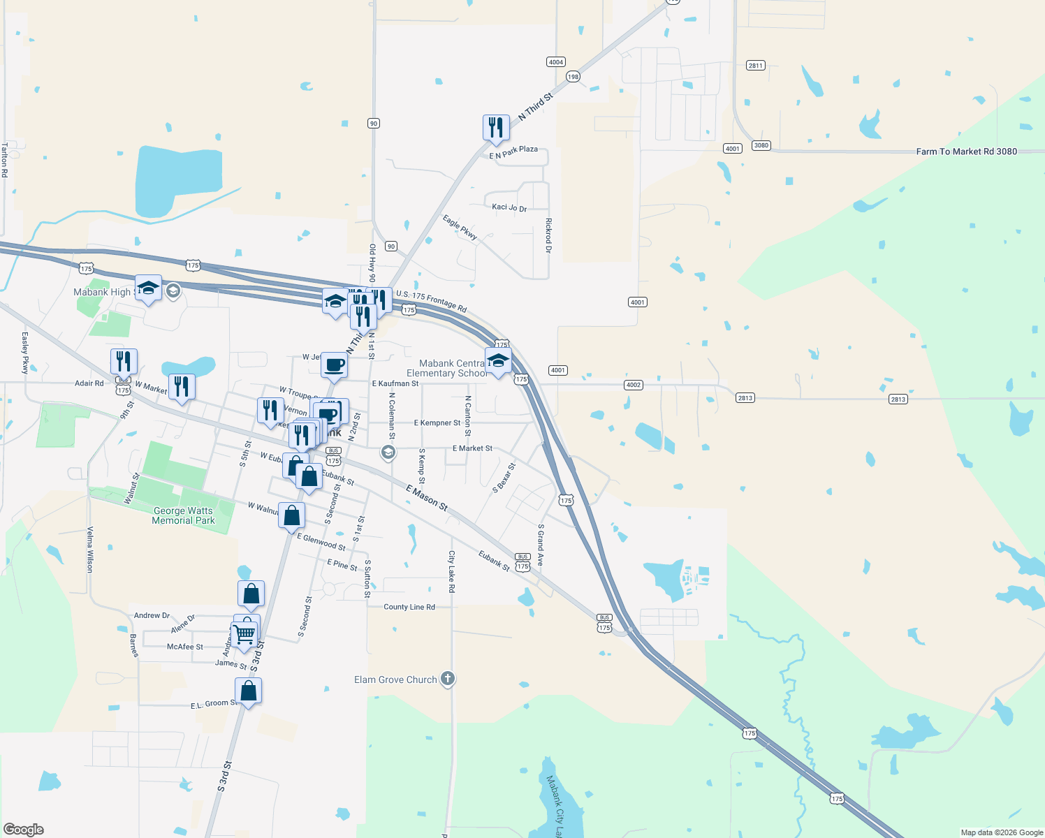 map of restaurants, bars, coffee shops, grocery stores, and more near 635 East Kempner Street in Mabank