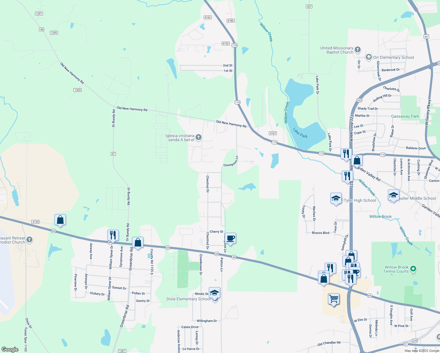 map of restaurants, bars, coffee shops, grocery stores, and more near 11851 Woodlark Street in Tyler