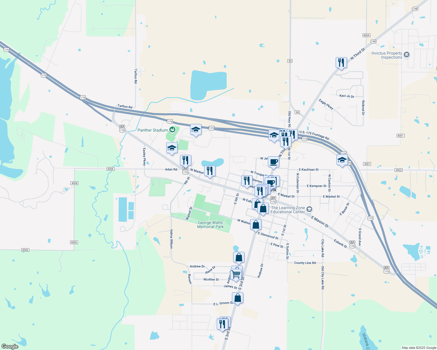 map of restaurants, bars, coffee shops, grocery stores, and more near 416 West Market Street in Mabank