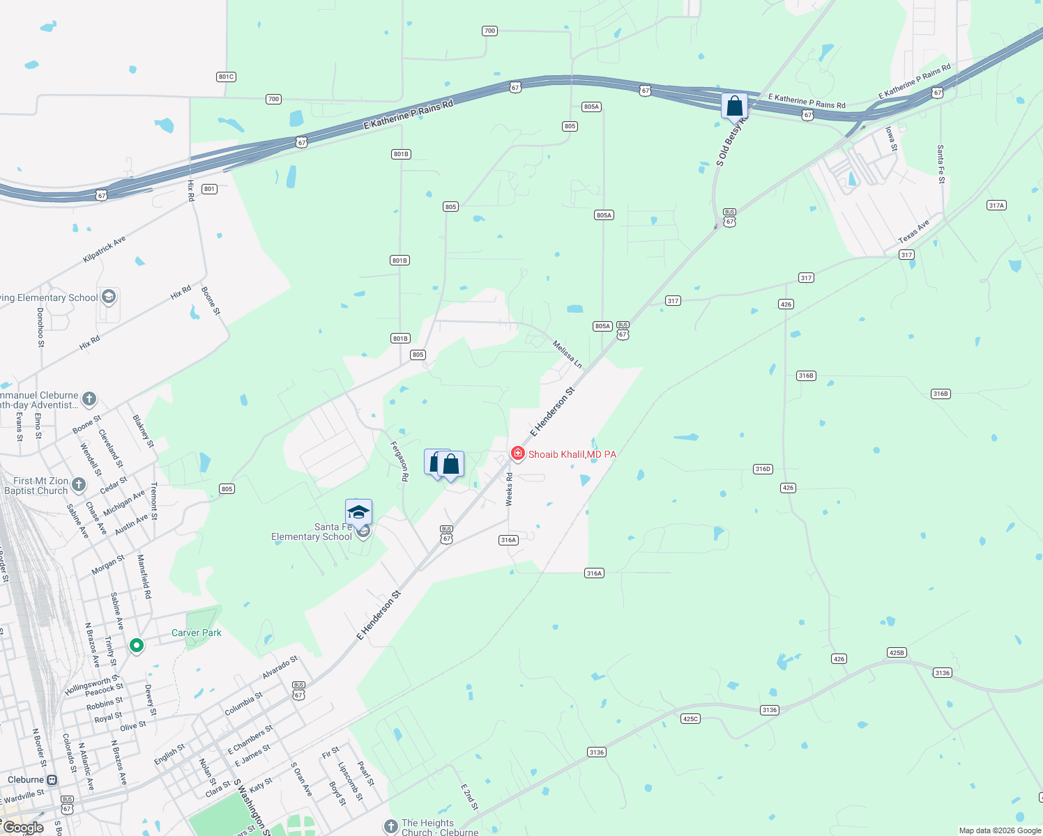 map of restaurants, bars, coffee shops, grocery stores, and more near 1913 East Henderson Street in Cleburne