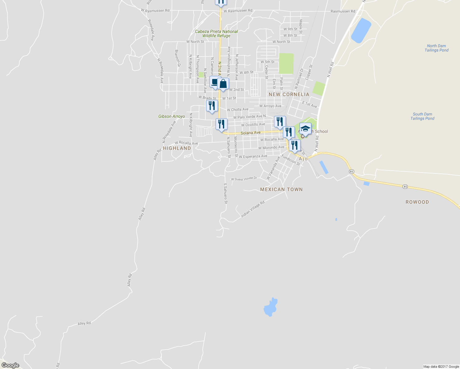 map of restaurants, bars, coffee shops, grocery stores, and more near 5 West Guest House Drive in Ajo