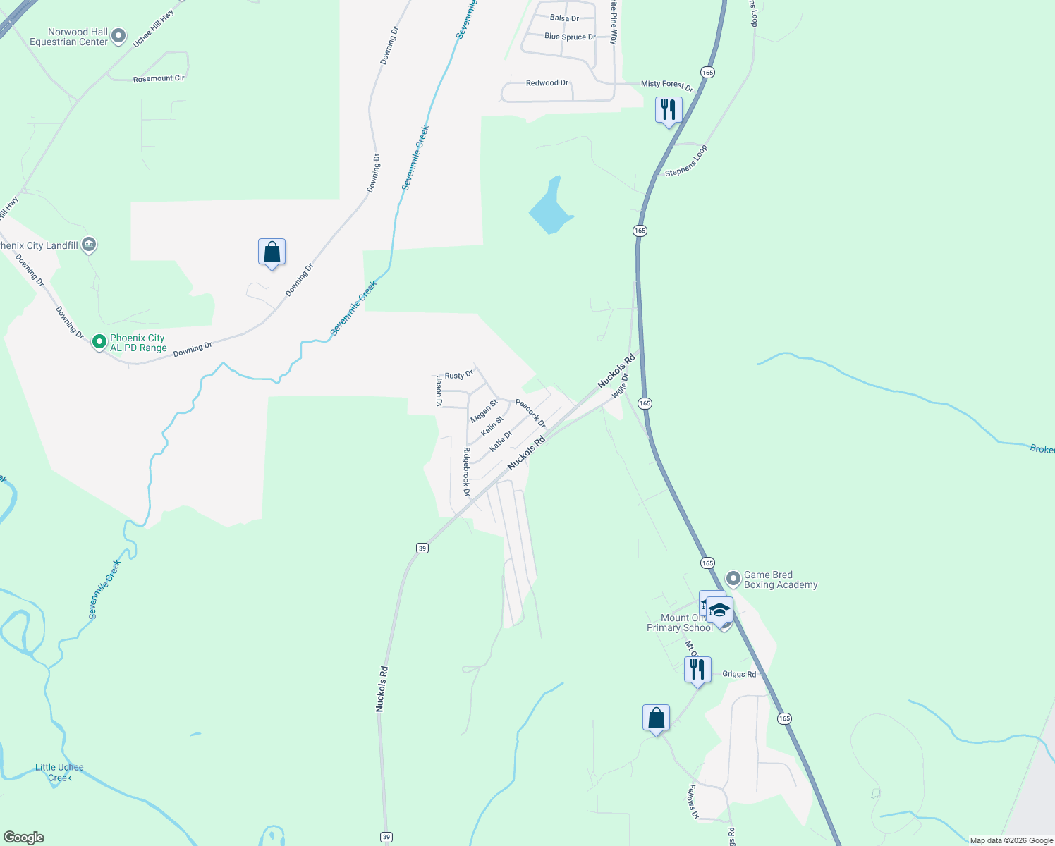 map of restaurants, bars, coffee shops, grocery stores, and more near 25 Katie Drive in Phenix City