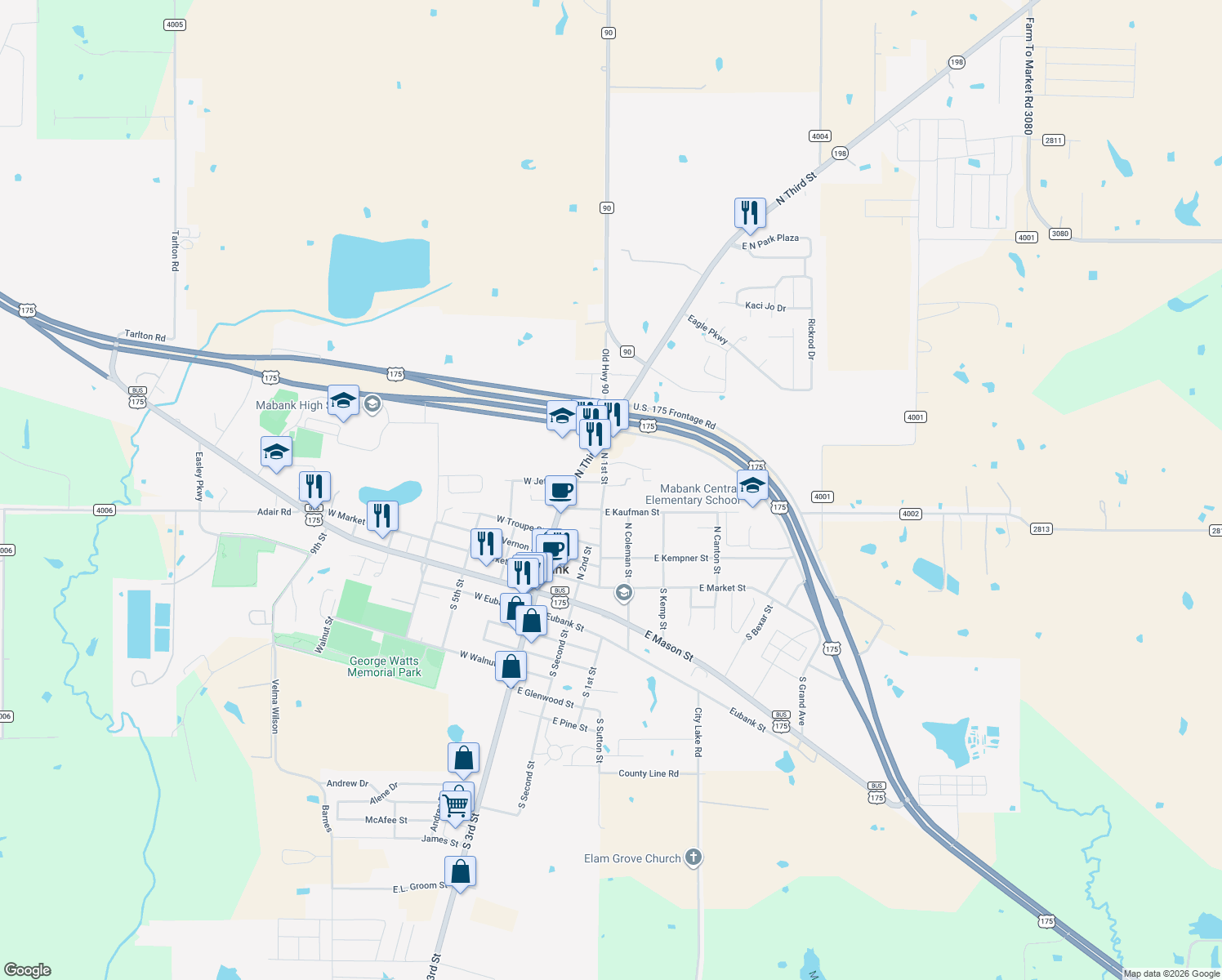 map of restaurants, bars, coffee shops, grocery stores, and more near 410 N 1st St in Mabank