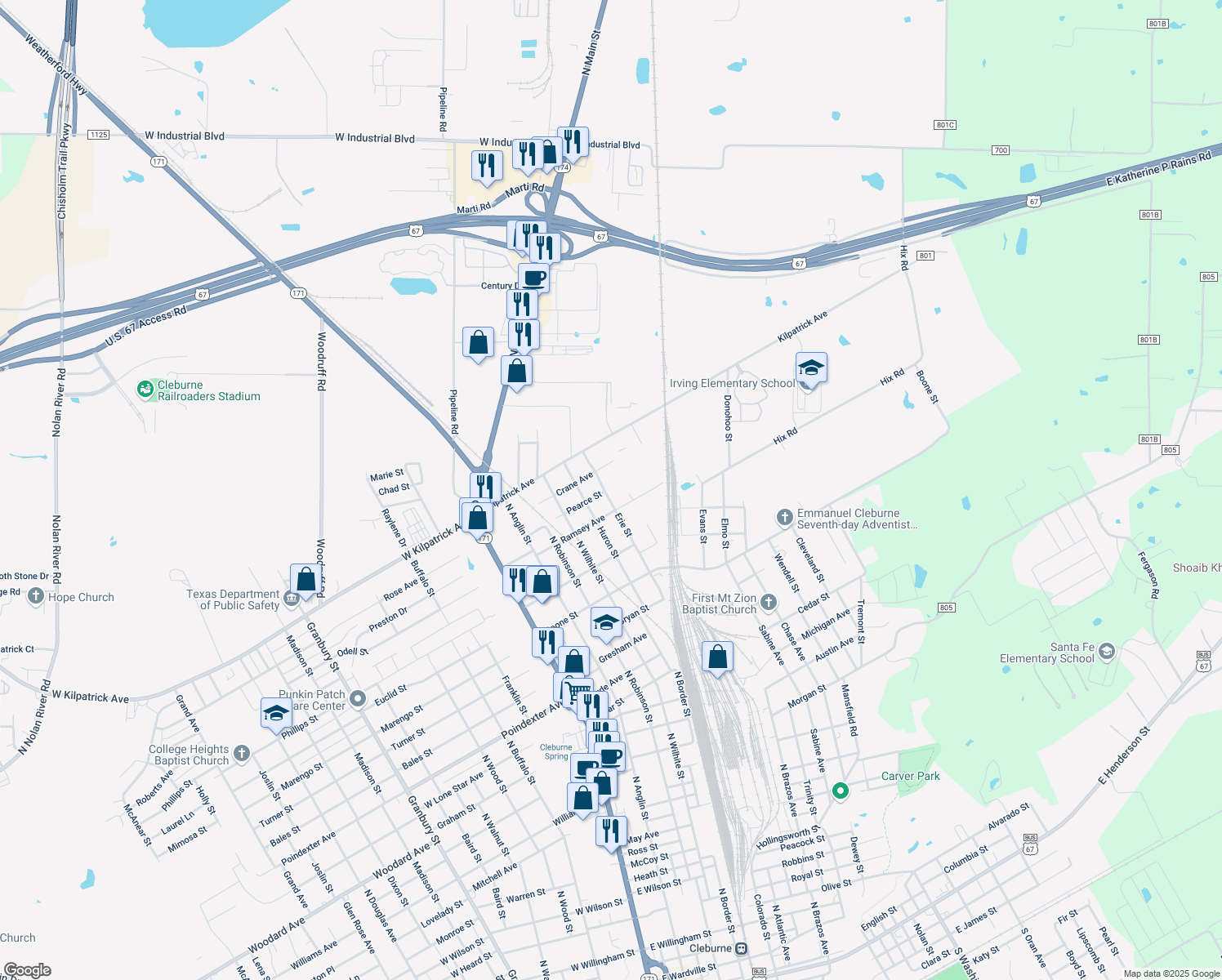 map of restaurants, bars, coffee shops, grocery stores, and more near 512 Erie St in Cleburne