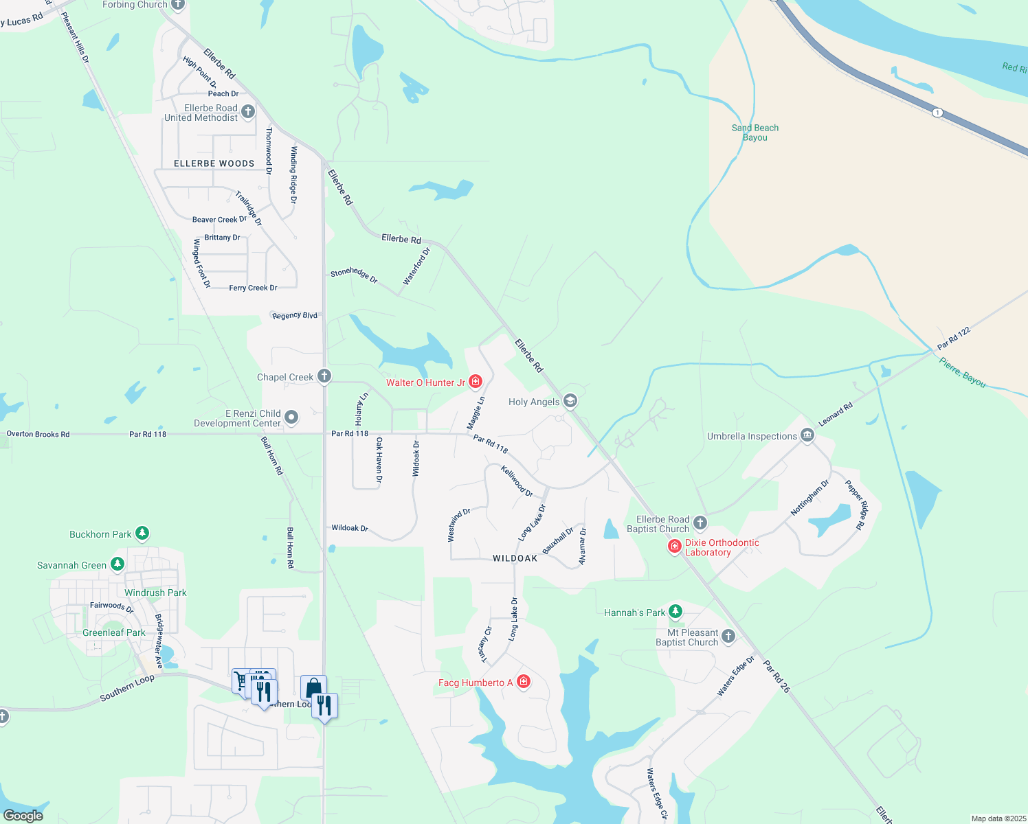 map of restaurants, bars, coffee shops, grocery stores, and more near 10430 Ellerbe Rd in Shreveport