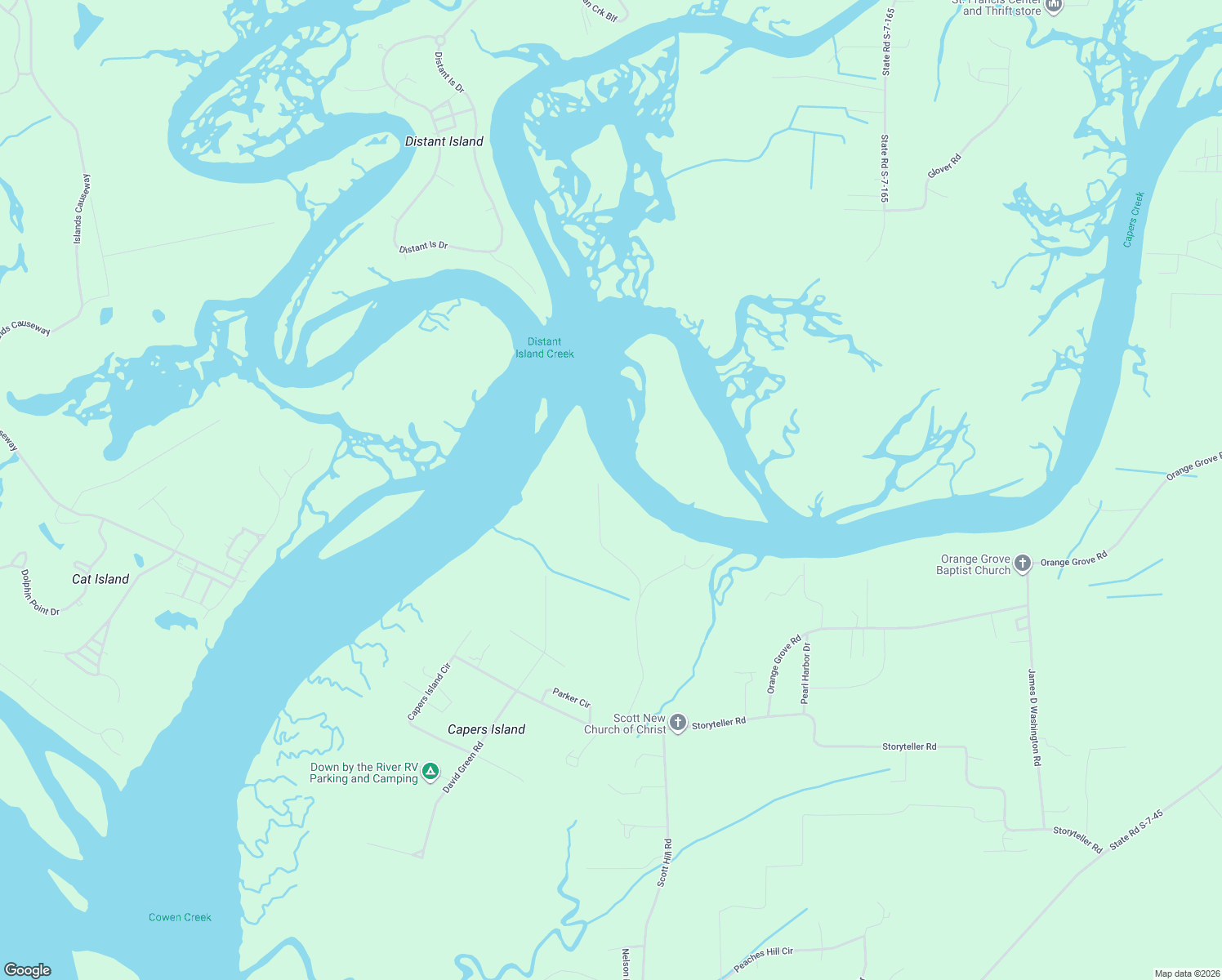 map of restaurants, bars, coffee shops, grocery stores, and more near 150 Bridgewood Road in Saint Helena Island