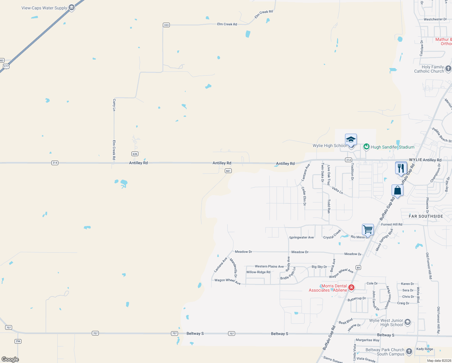 map of restaurants, bars, coffee shops, grocery stores, and more near 117 County Road 661 in Abilene